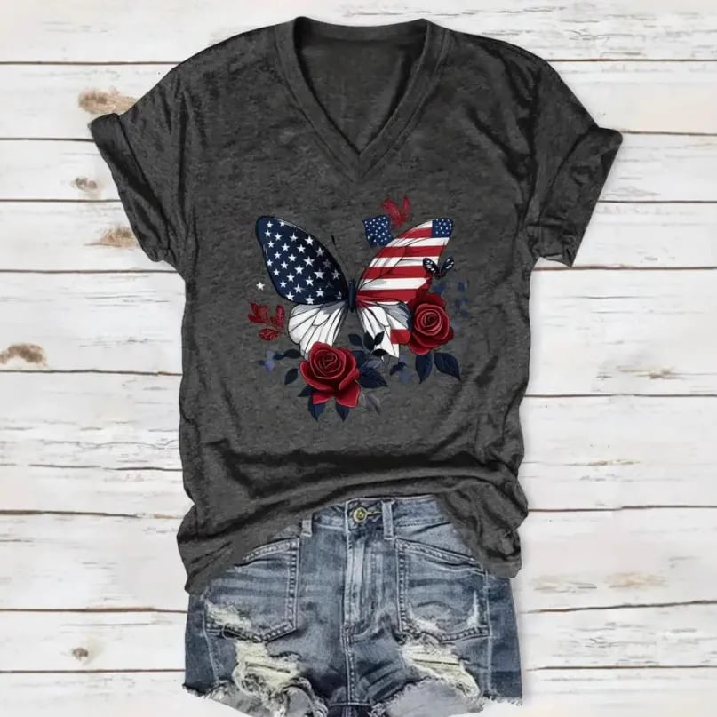 American Beauty Butterfly Tee – Patriotic V-Neck with Roses & Stars