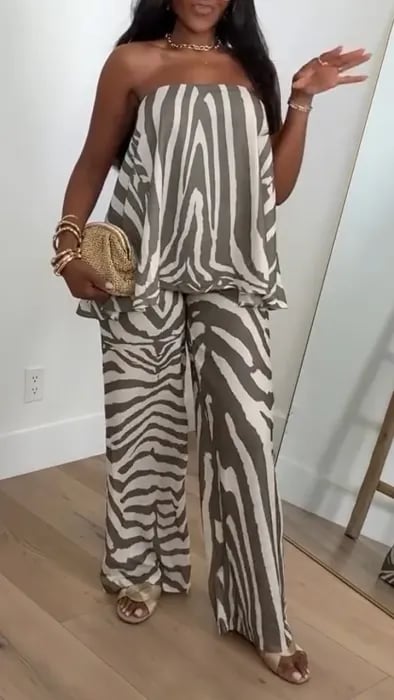 LADIES' STRAPLESS IRREGULAR PATTERN PRINTED LOOSE CASUAL SUIT