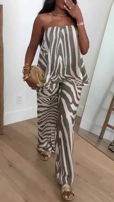 LADIES' STRAPLESS IRREGULAR PATTERN PRINTED LOOSE CASUAL SUIT