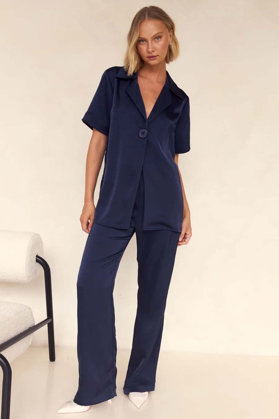 Casual Lapel Solid Button Short-Sleeve Pants Set