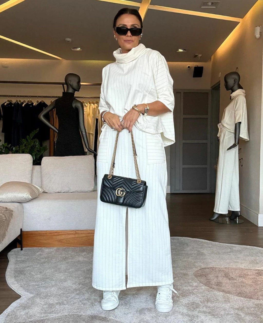 Classic Striped Set Turtleneck Top & Slit Skirt