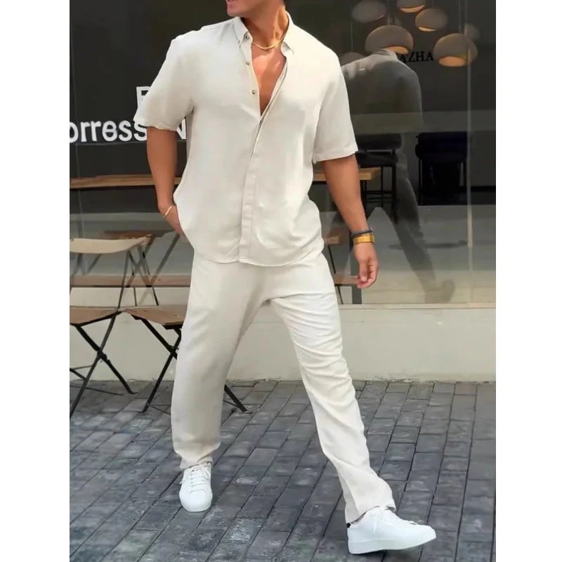 Men’s Solid Lapel Short-Sleeve Tops & Pants 2-Piece Set