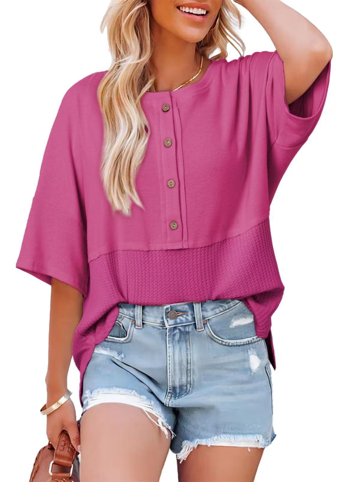 Casual Button Down Waffle Knit 3/4 Sleeves Top (Buy 3 Free Shipping)