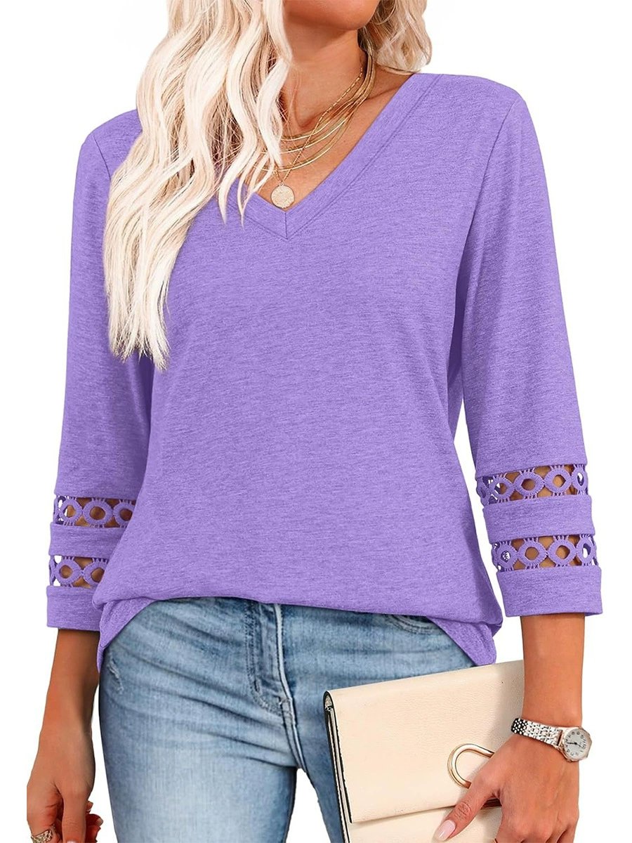 2025 New Womens 3/4 Length Sleeve Tops Trendy V Neck T Shirts