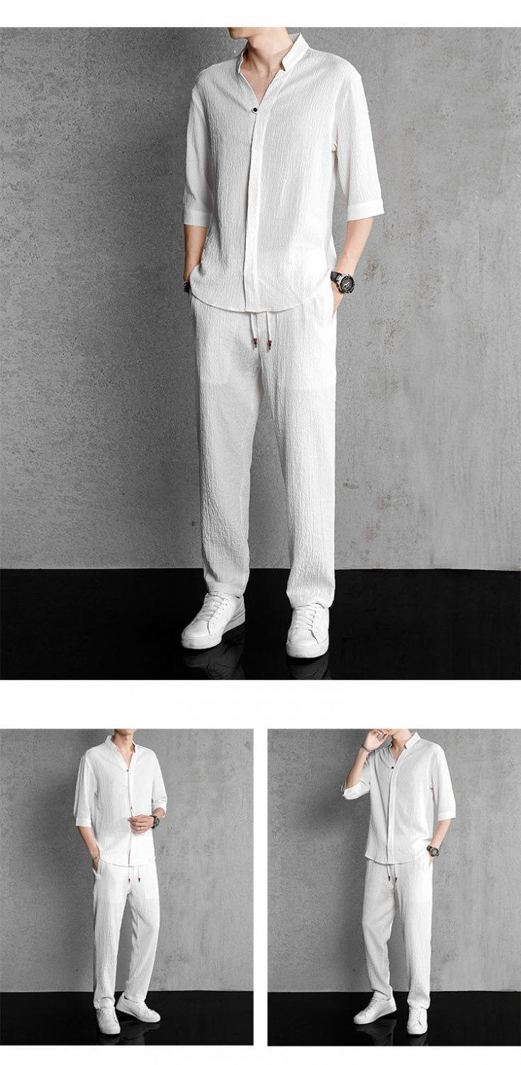Men's cotton and linen short-sleeved T-shirt casual sports suit