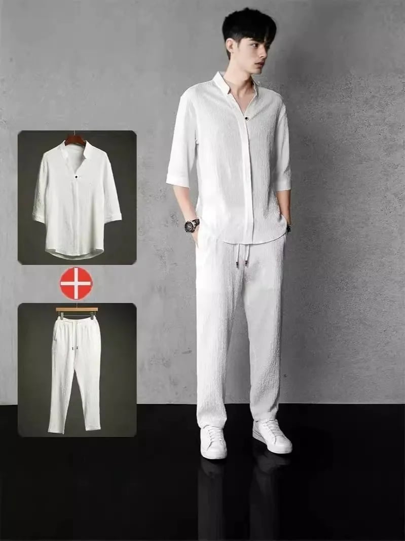 Men's cotton and linen short-sleeved T-shirt casual sports suit