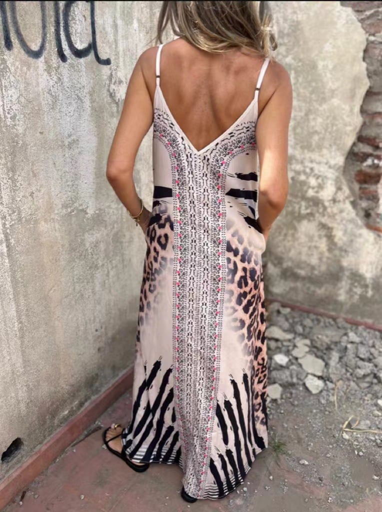 Long V-Neck Spaghetti Strap Printed Dress with Pockets
