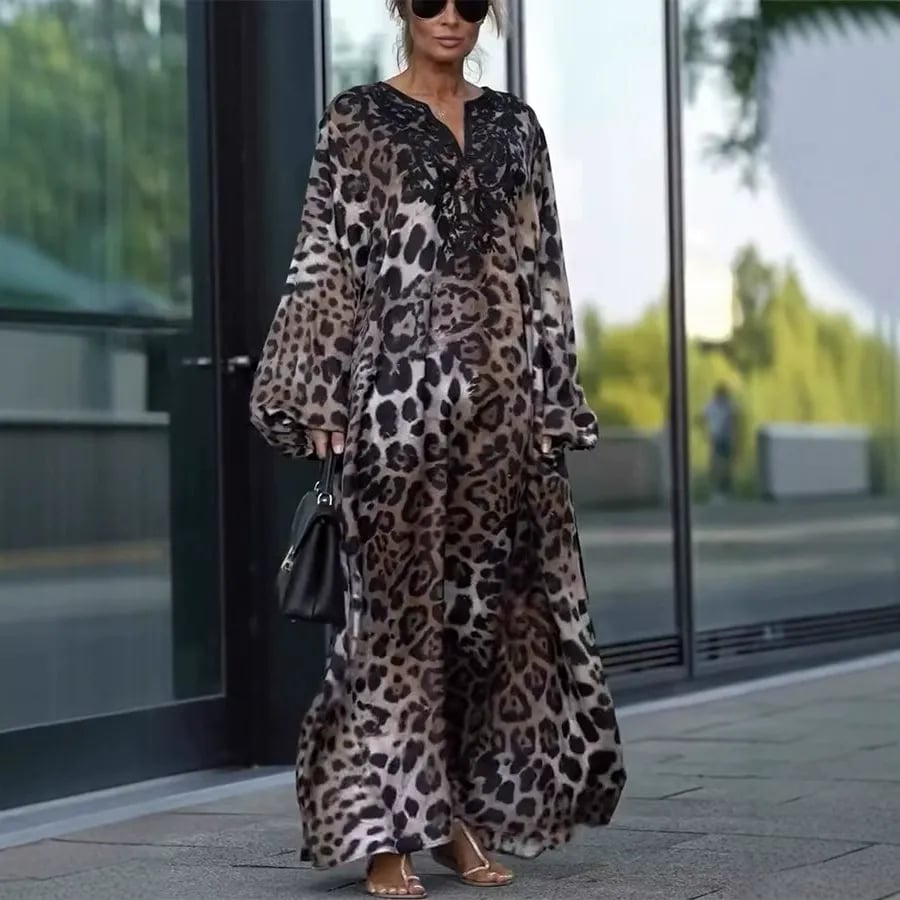 Casual Long-Sleeve Leopard Print Dress for Women
