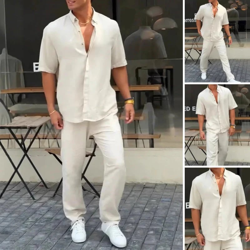 Men’s Solid Lapel Short-Sleeve Tops & Pants 2-Piece Set