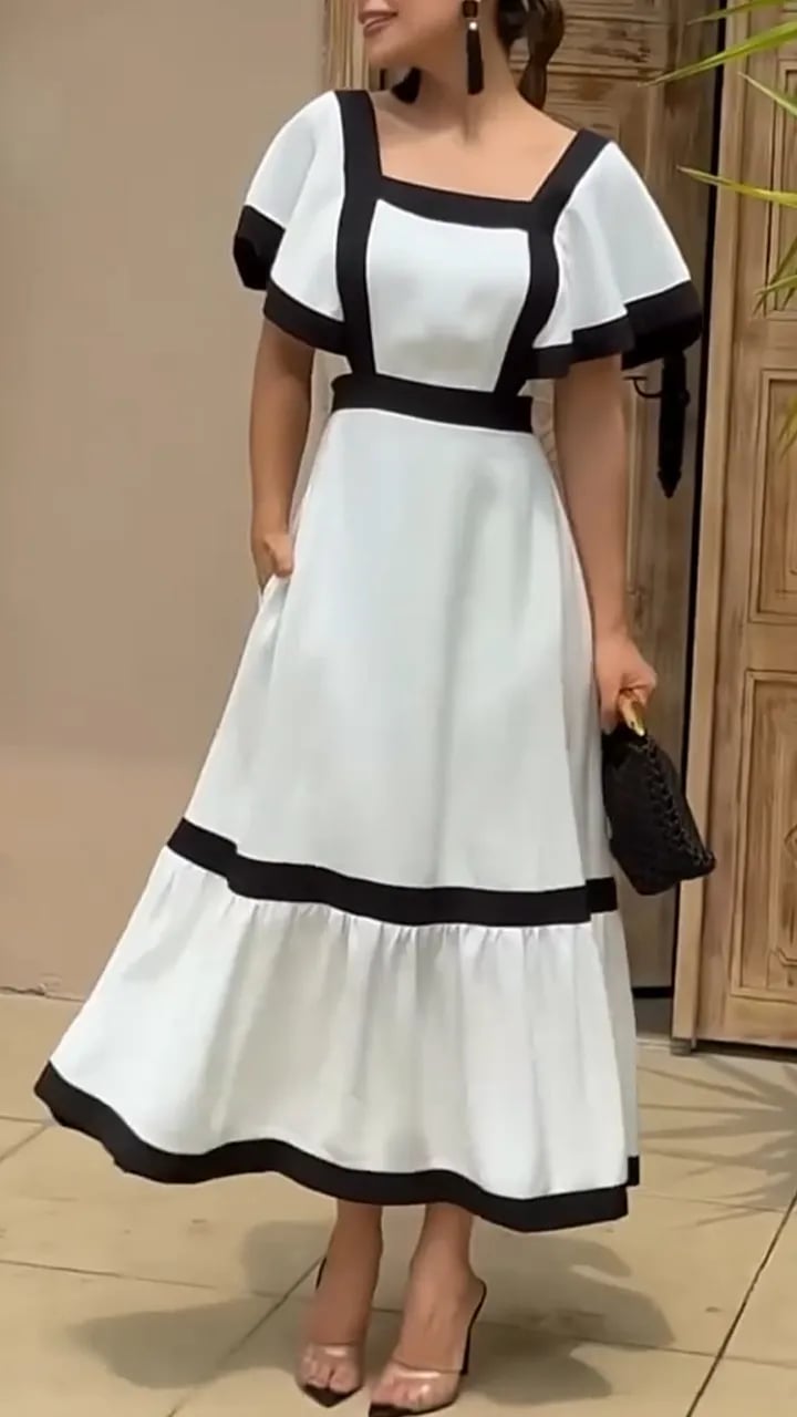 Ladies' Square Collar Striped Patchwork Casual Dress