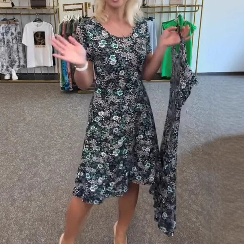 Casual Women's Dress with U-neckline and Floral Print