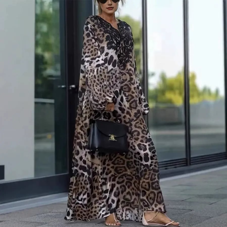 Casual Long-Sleeve Leopard Print Dress for Women