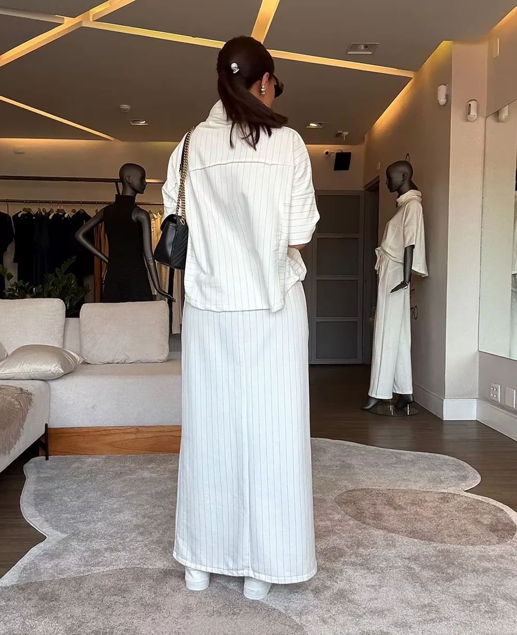 Classic Striped Set Turtleneck Top & Slit Skirt