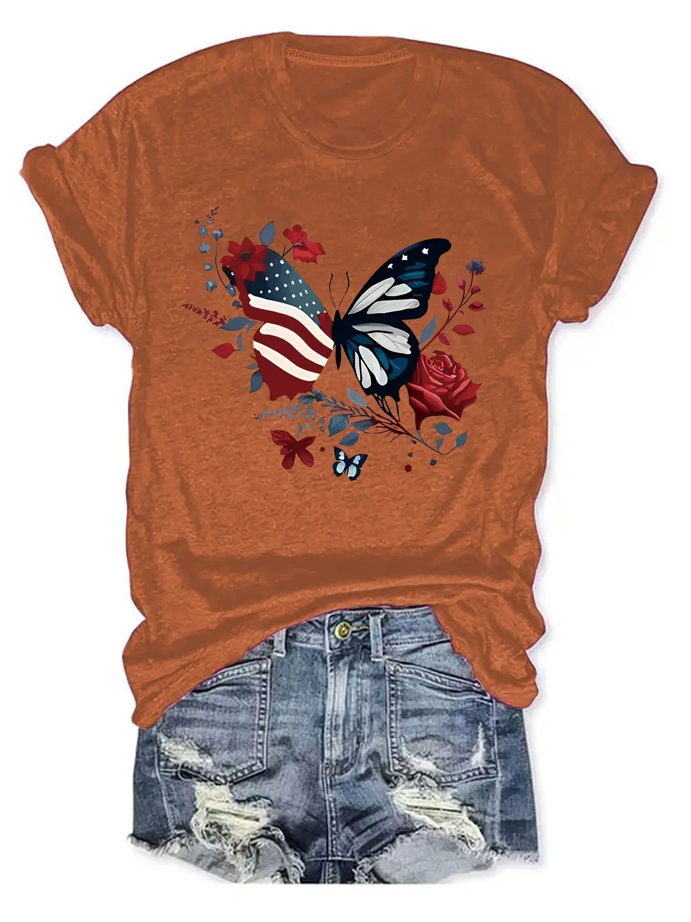 American Beauty Butterfly Tee – Patriotic V-Neck with Roses & Stars