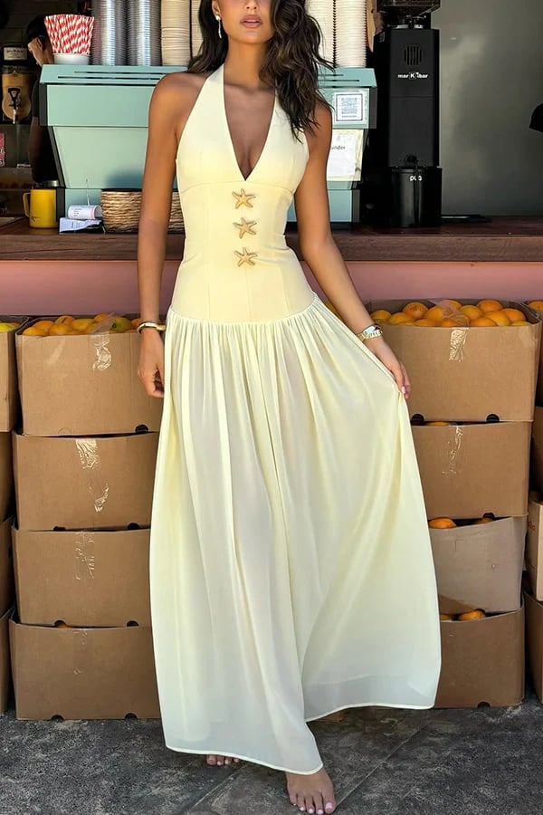 Giselle Gold Starfish Hardware Halter Back Lace-up Tule Maxi-jurk