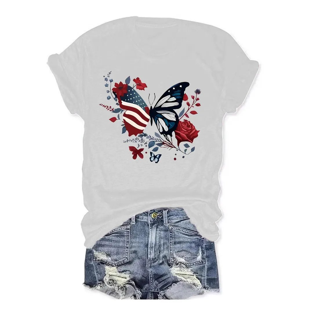 American Beauty Butterfly Tee – Patriotic V-Neck with Roses & Stars