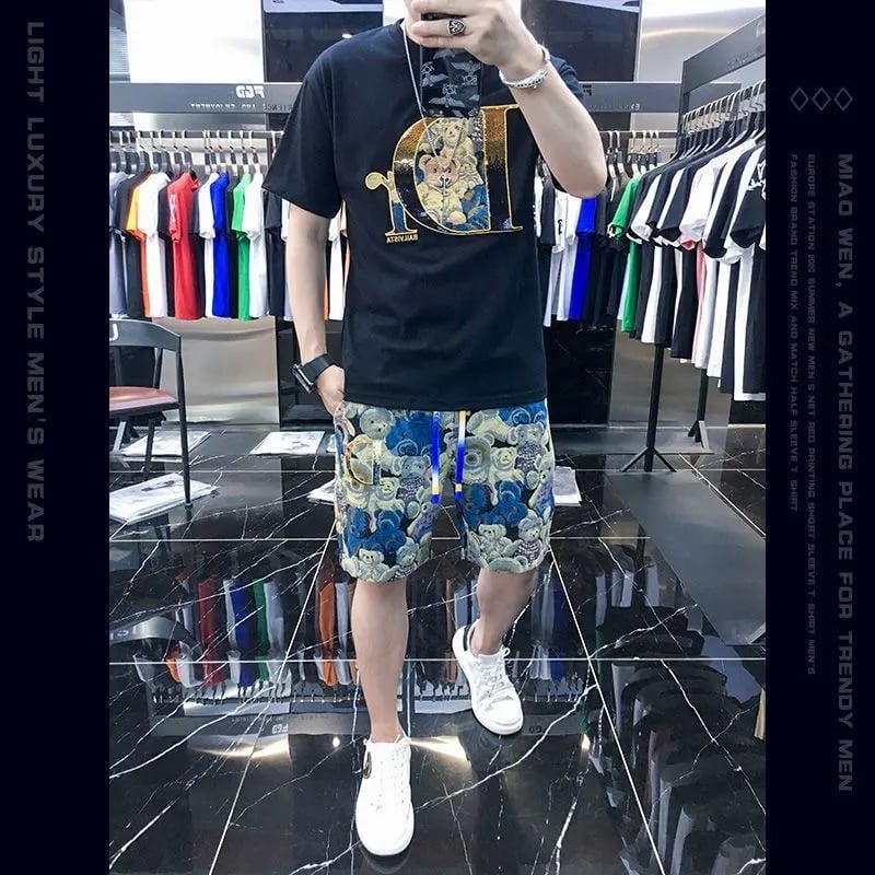 Men's casual wear set embroidered bear pattern