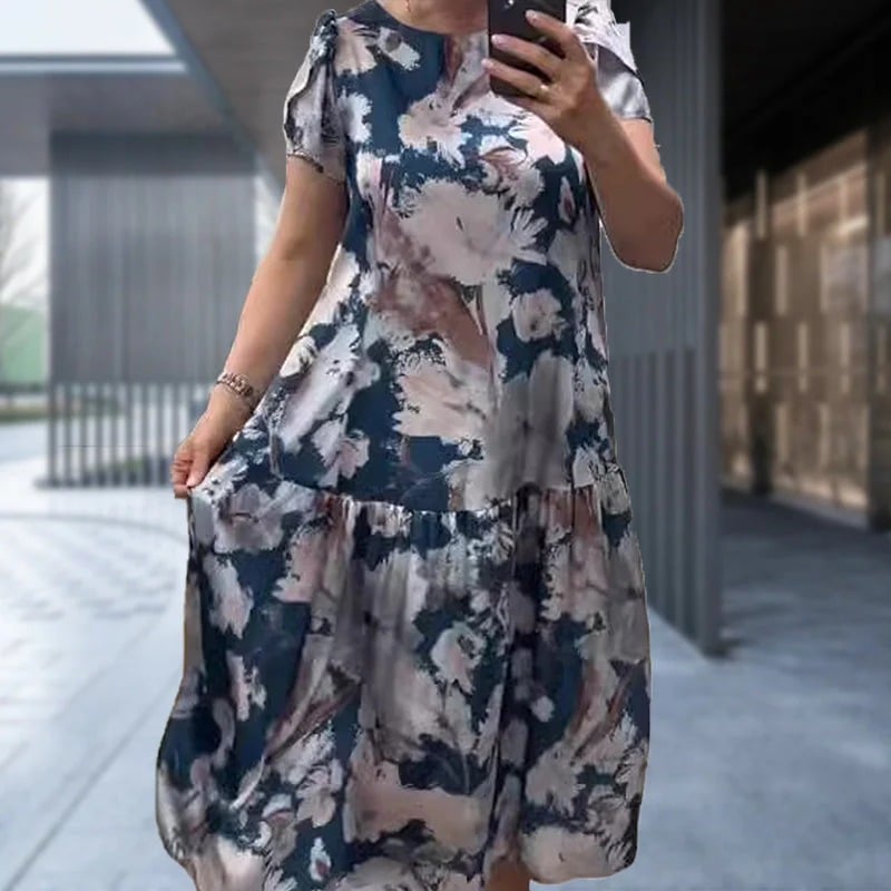 Loose Floral Dress with Round Neck & Short Sleeves