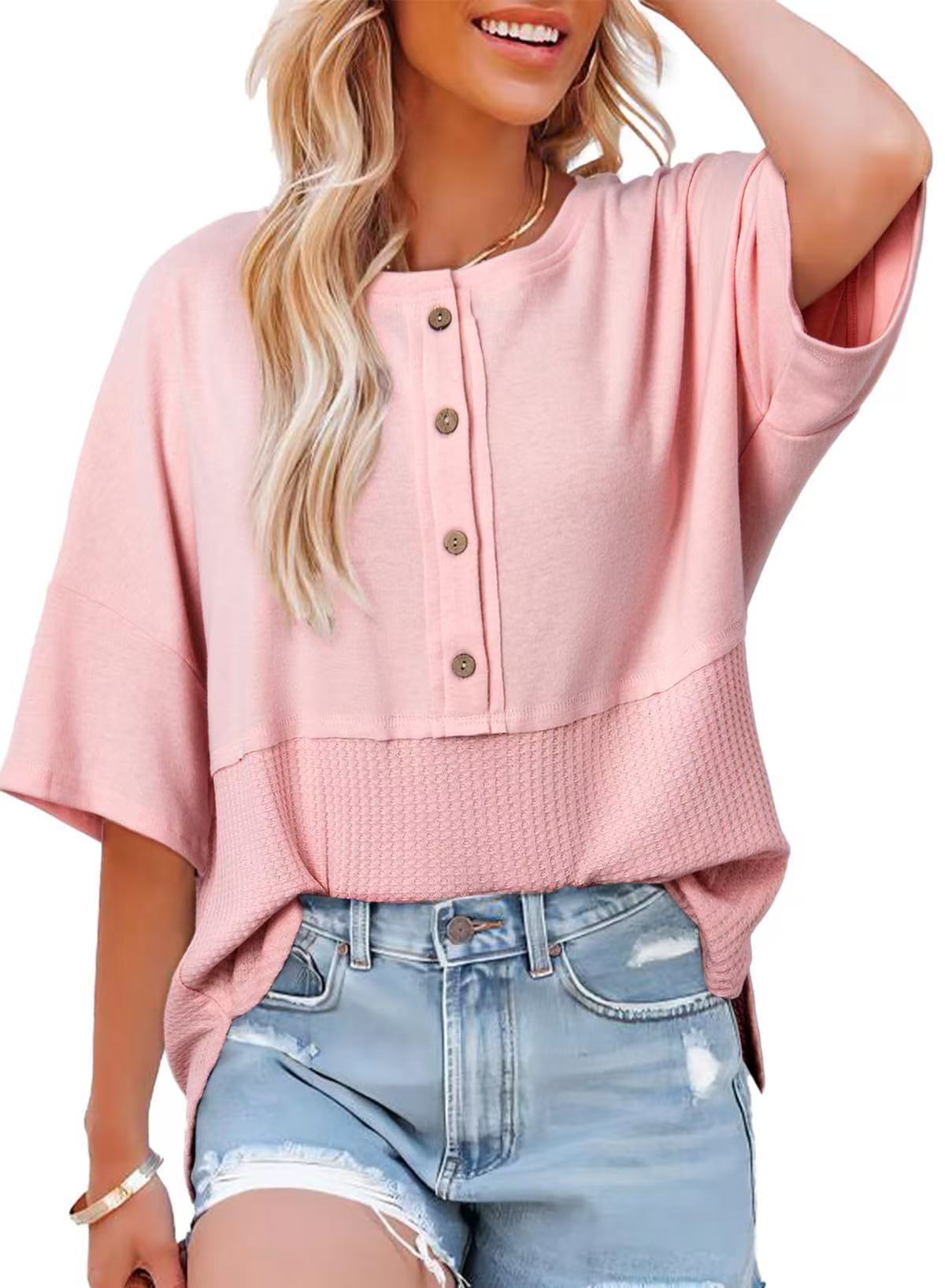 Casual Button Down Waffle Knit 3/4 Sleeves Top (Buy 3 Free Shipping)