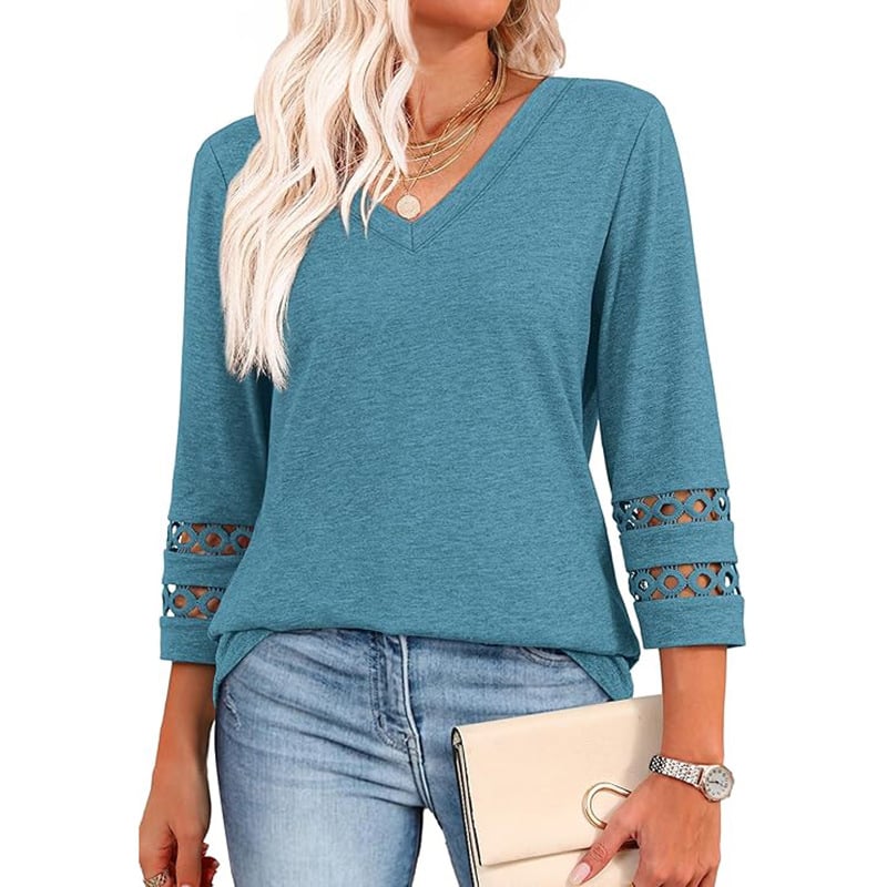 2025 New Womens 3/4 Length Sleeve Tops Trendy V Neck T Shirts