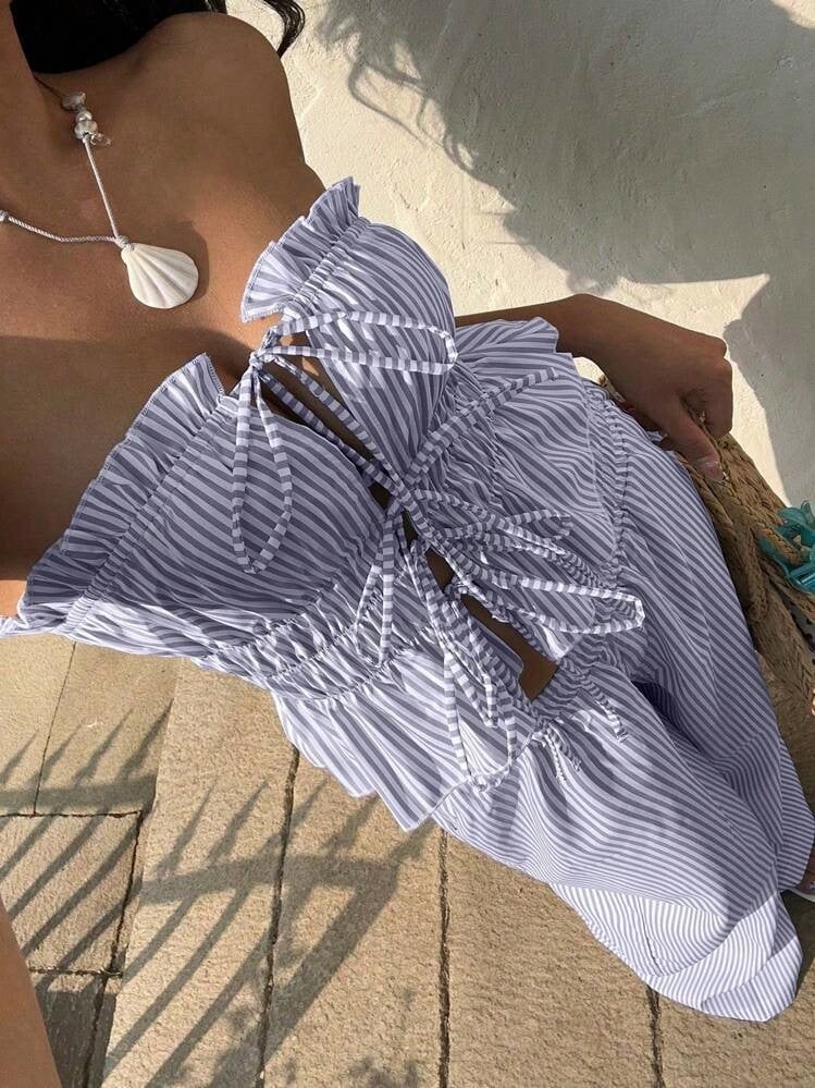 2pcs Women Stripe Set Tie-Front Ruched Bandeau Top And Long Pants