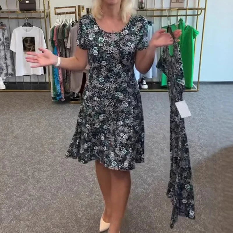 Casual Women's Dress with U-neckline and Floral Print