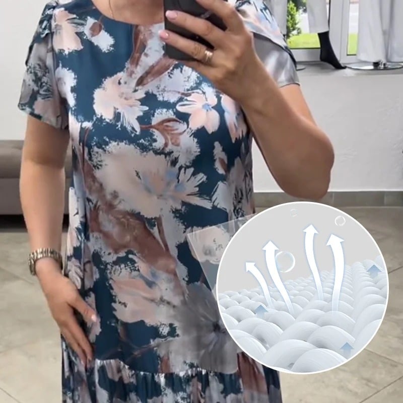Loose Floral Dress with Round Neck & Short Sleeves