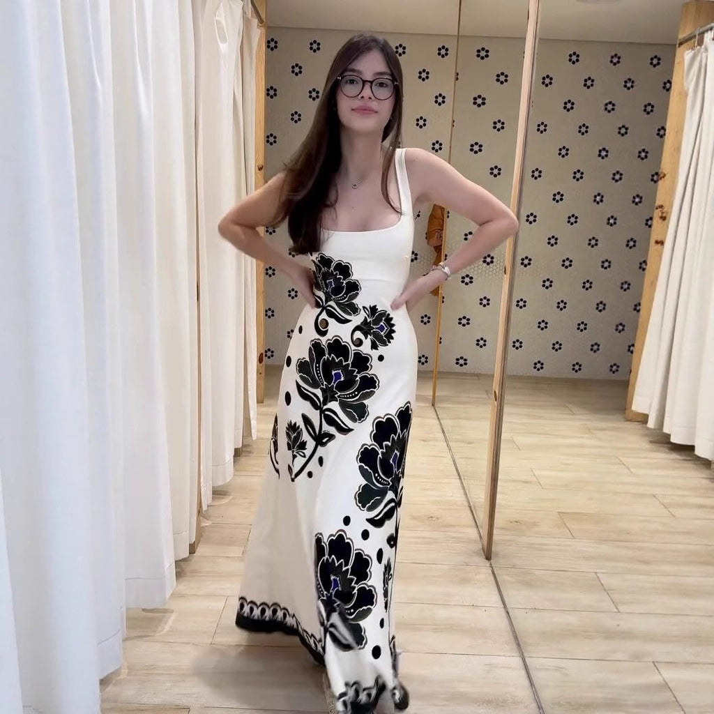 Black Floral French Backless Dress