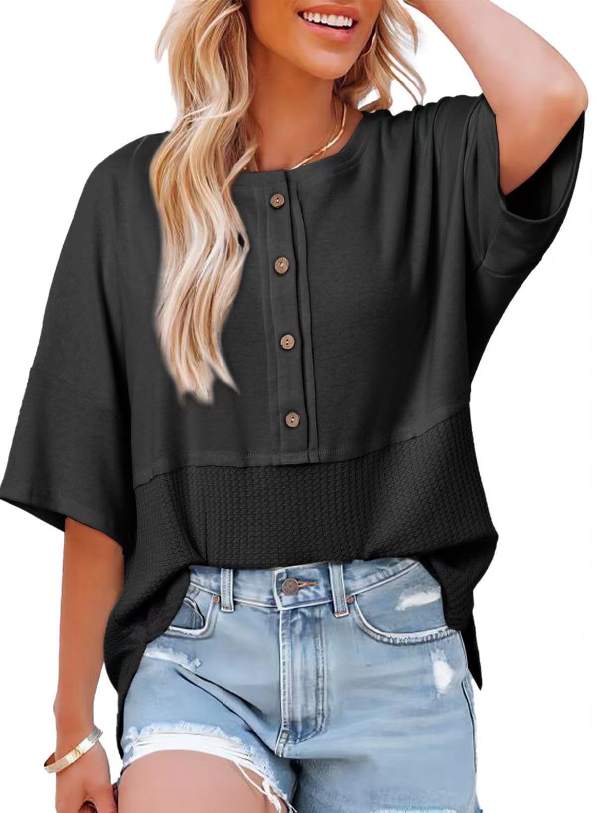 Casual Button Down Waffle Knit 3/4 Sleeves Top (Buy 3 Free Shipping)