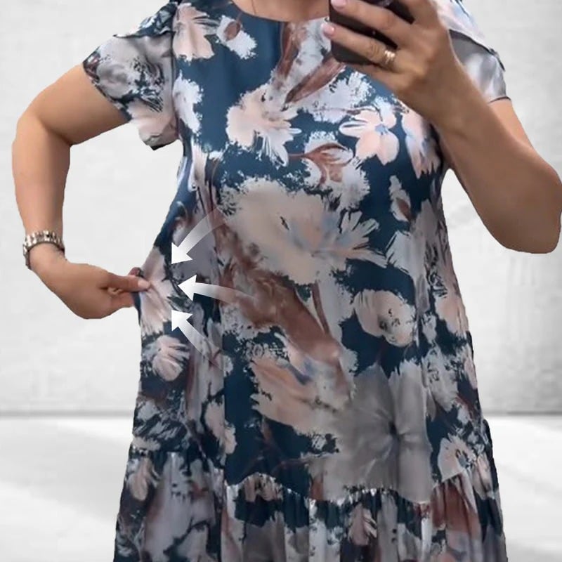 Loose Floral Dress with Round Neck & Short Sleeves