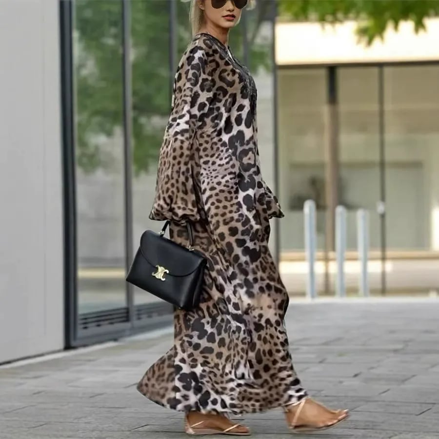 Casual Long-Sleeve Leopard Print Dress for Women