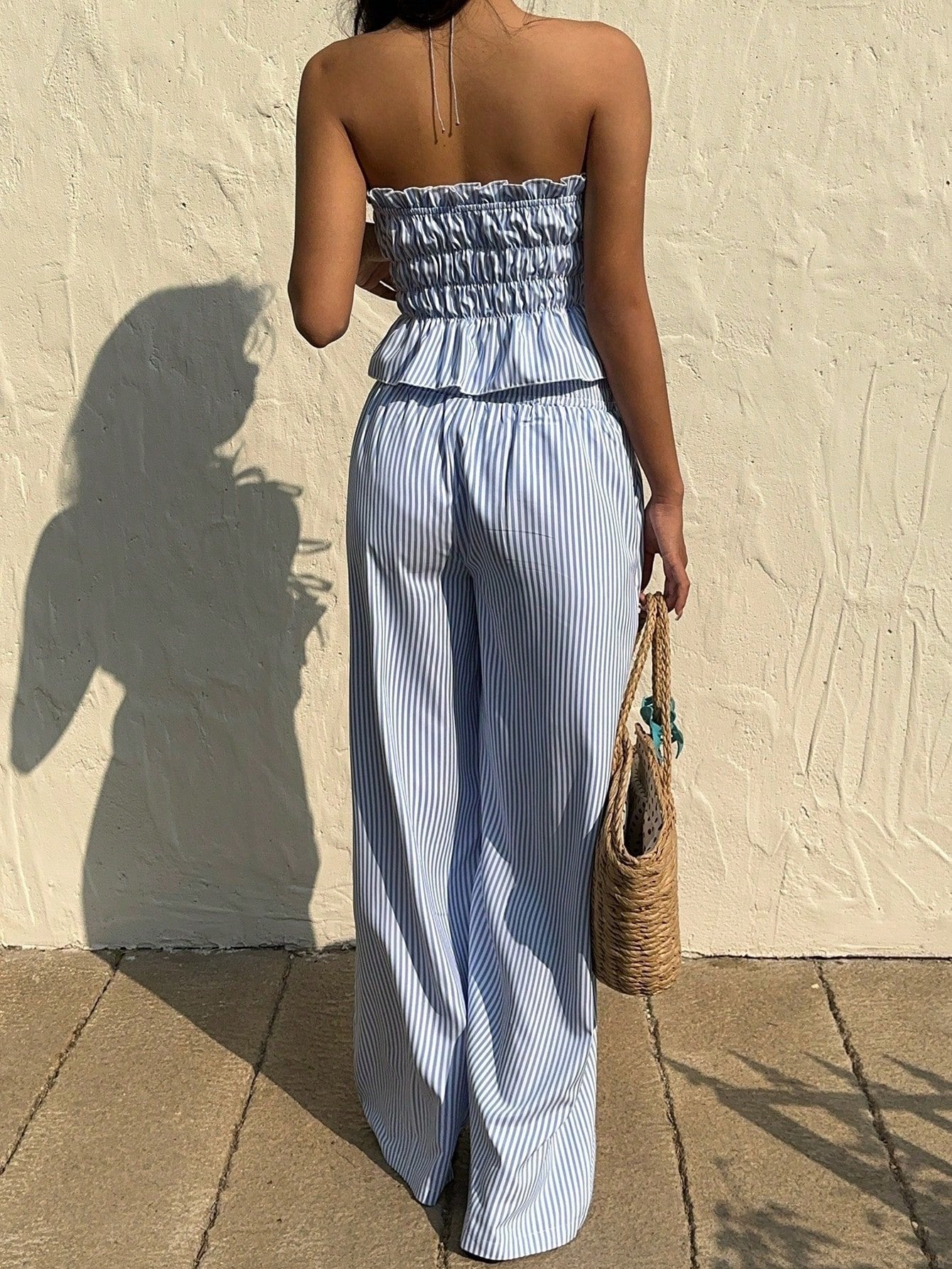 2pcs Women Stripe Set Tie-Front Ruched Bandeau Top And Long Pants