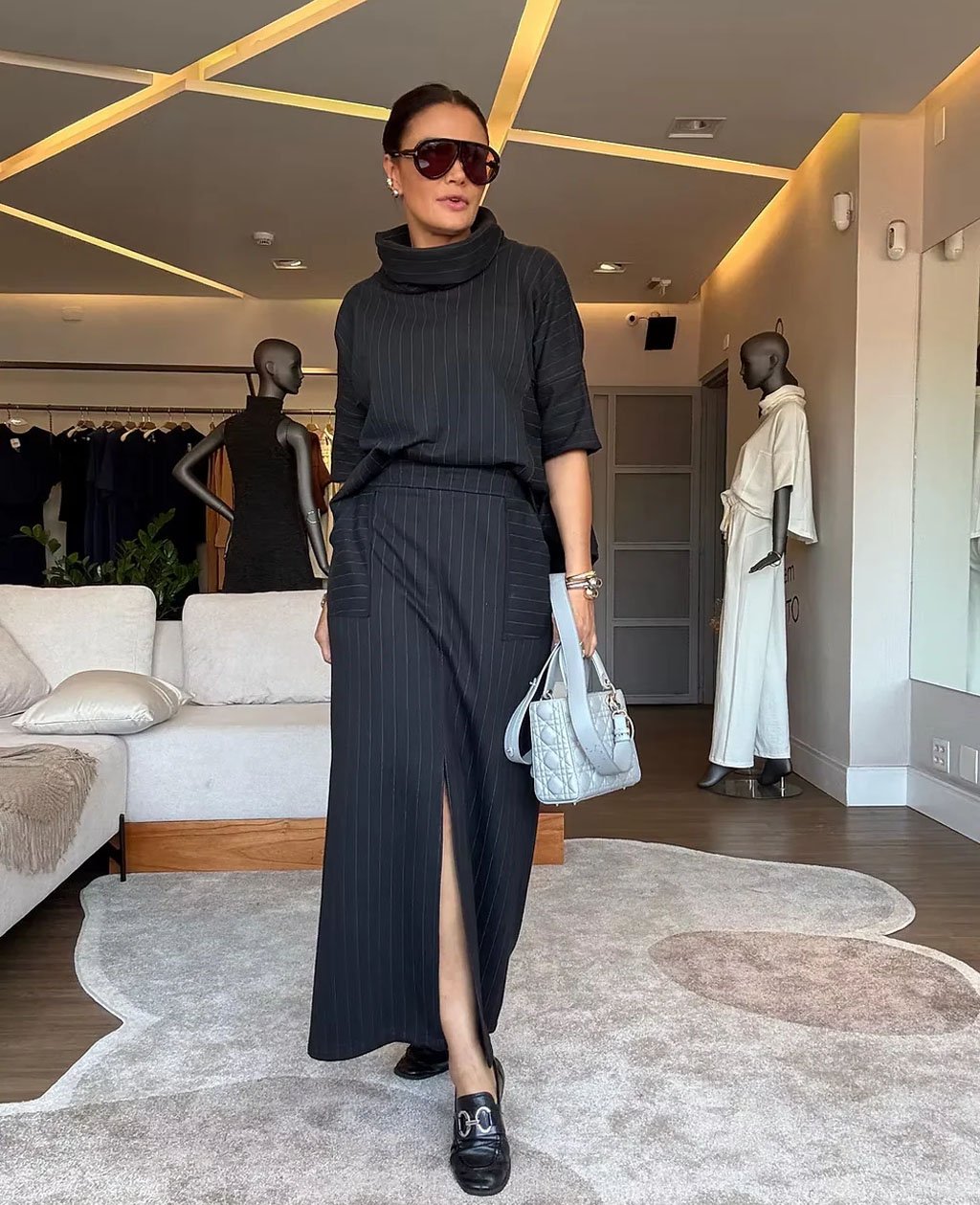 Classic Striped Set Turtleneck Top & Slit Skirt