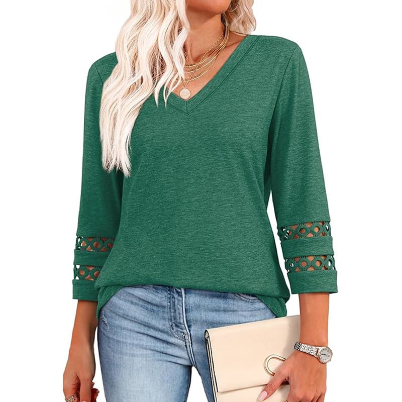 2025 New Womens 3/4 Length Sleeve Tops Trendy V Neck T Shirts