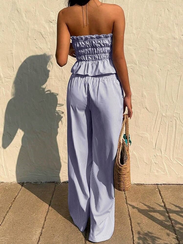 2pcs Women Stripe Set Tie-Front Ruched Bandeau Top And Long Pants