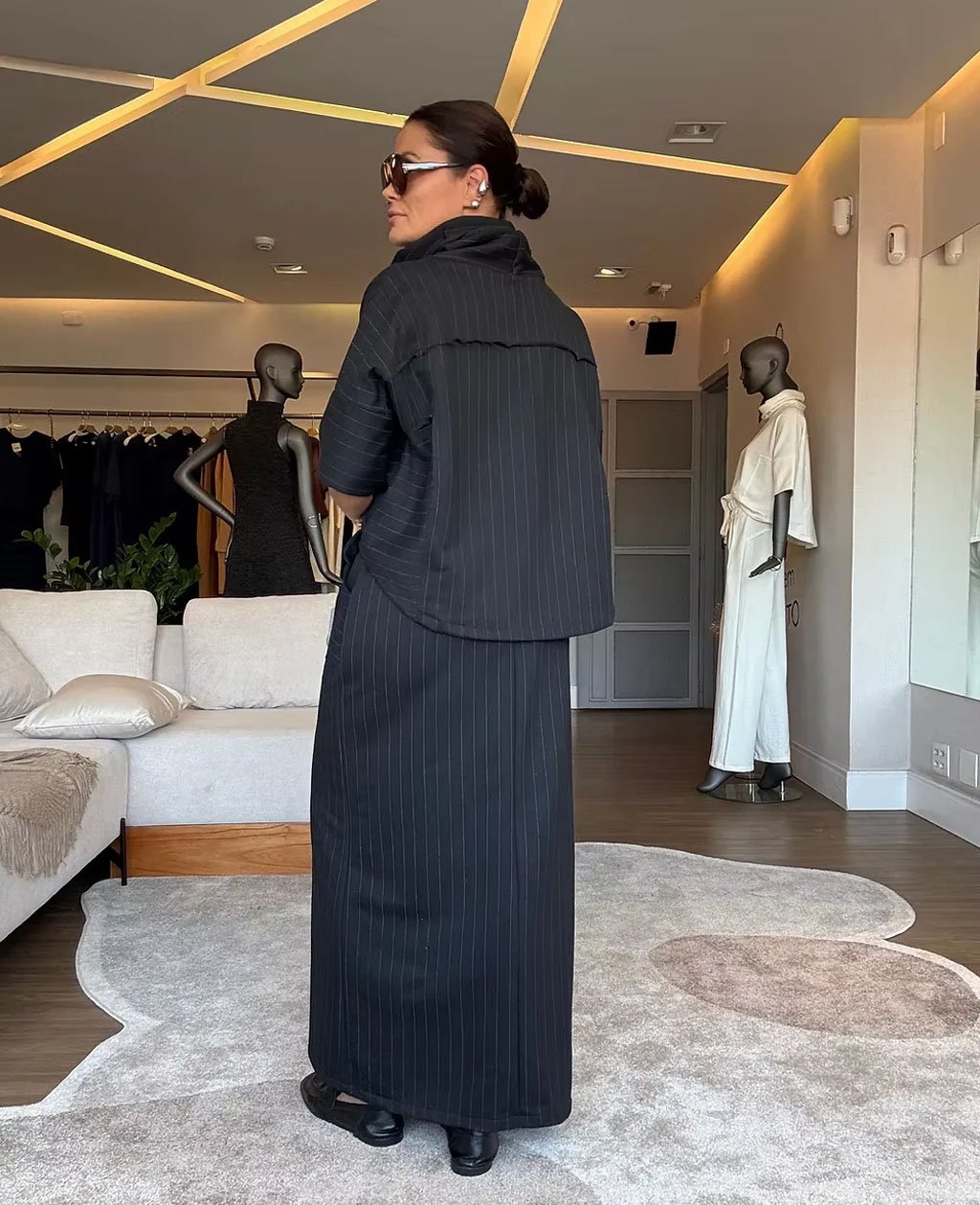 Classic Striped Set Turtleneck Top & Slit Skirt