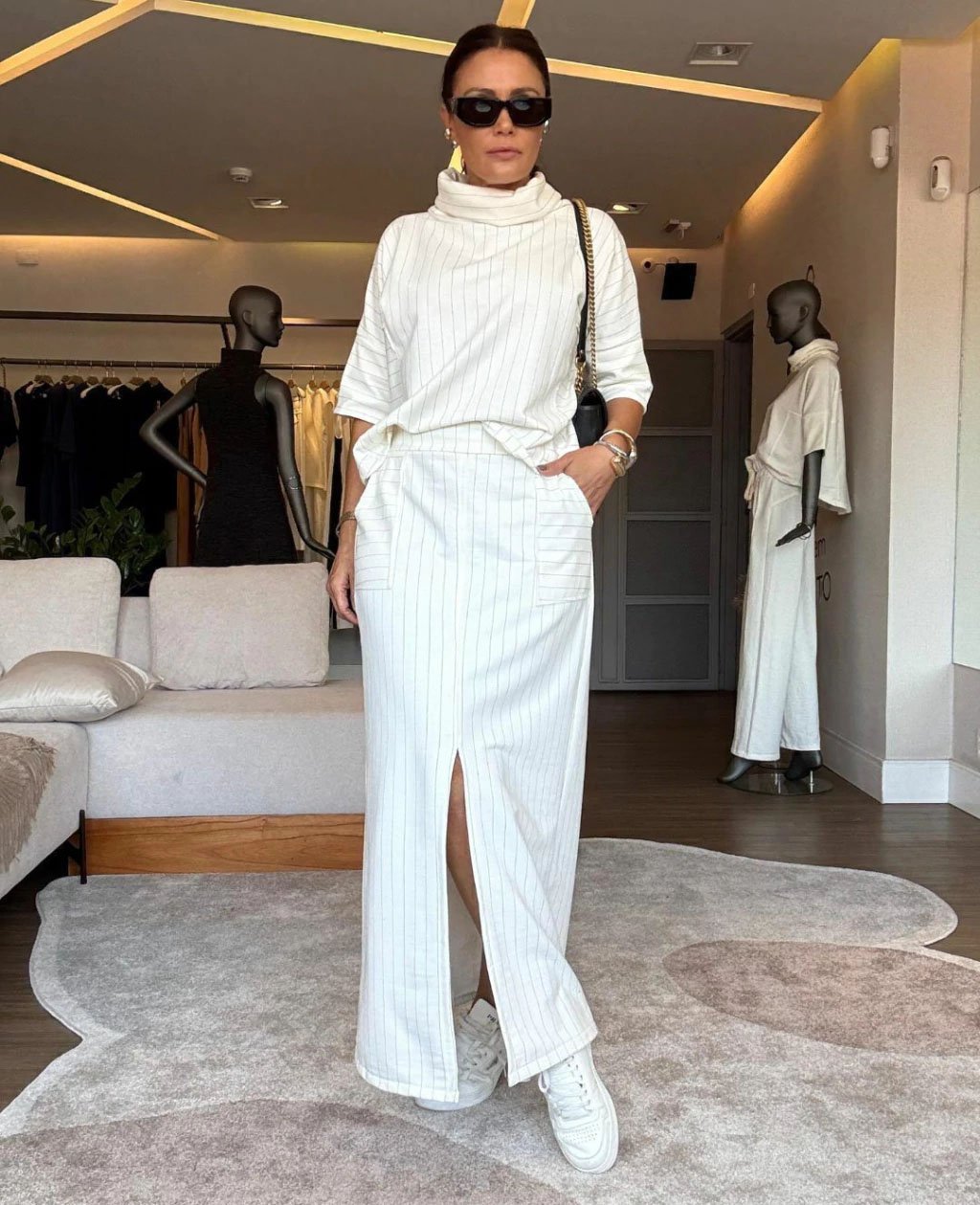 Classic Striped Set Turtleneck Top & Slit Skirt