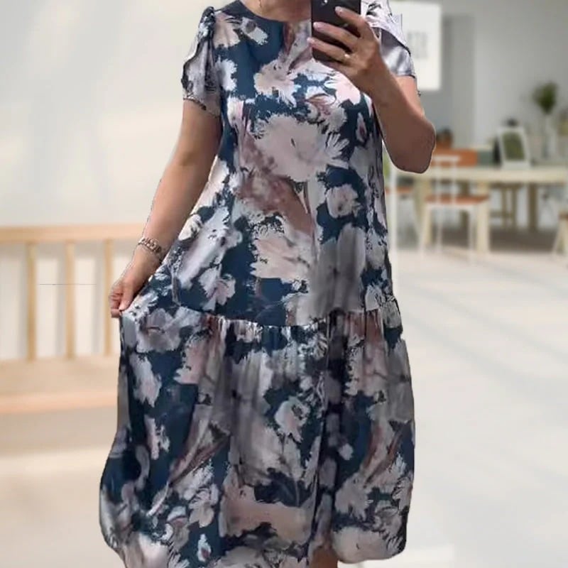 Loose Floral Dress with Round Neck & Short Sleeves