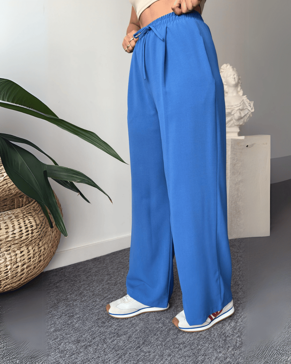 Chic V-Neck Tie-Up Waist Wrap Top & Wide-Leg Trousers Set