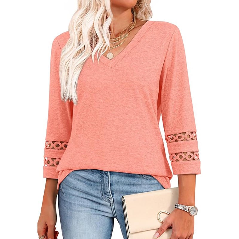 2025 New Womens 3/4 Length Sleeve Tops Trendy V Neck T Shirts