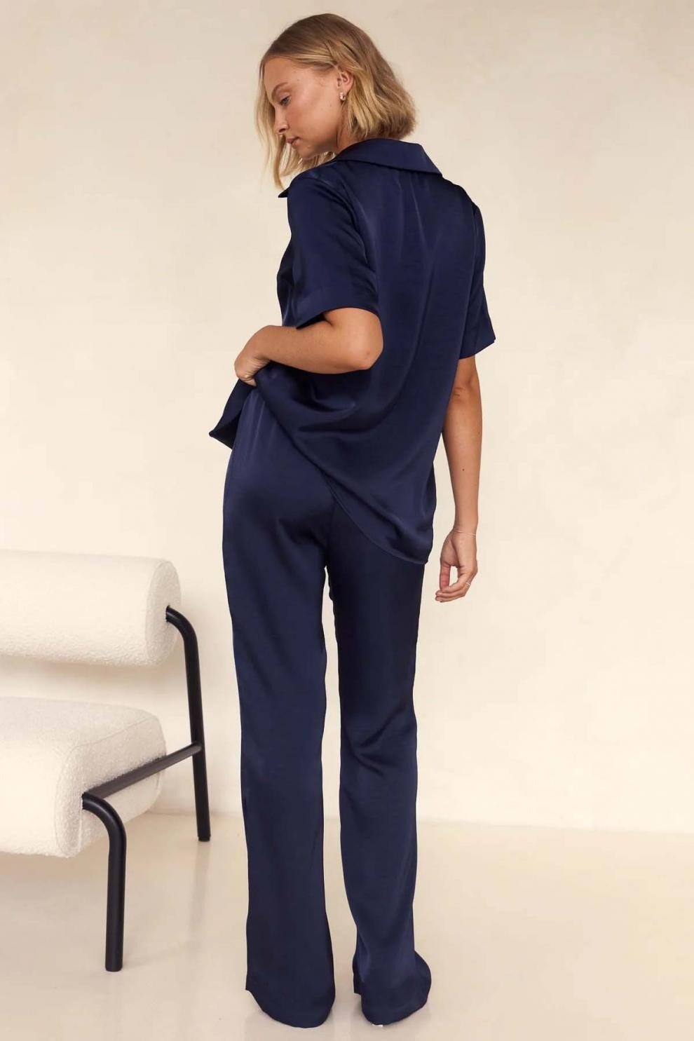 Casual Lapel Solid Button Short-Sleeve Pants Set