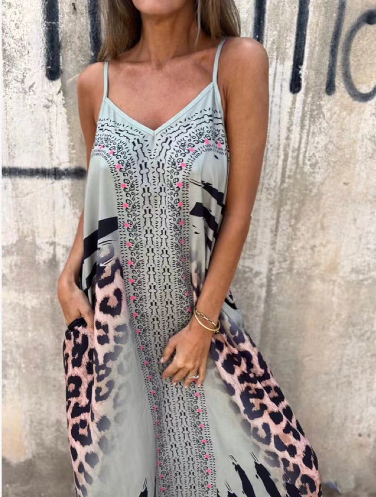 Long V-Neck Spaghetti Strap Printed Dress with Pockets
