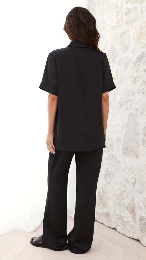 Casual Lapel Solid Button Short-Sleeve Pants Set