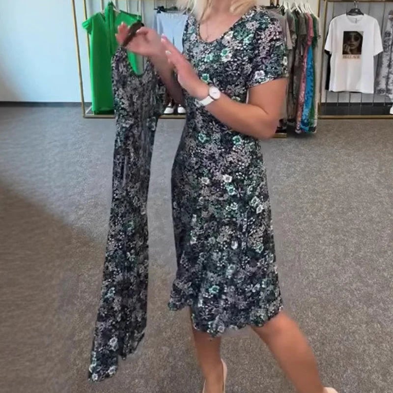 Casual Women's Dress with U-neckline and Floral Print