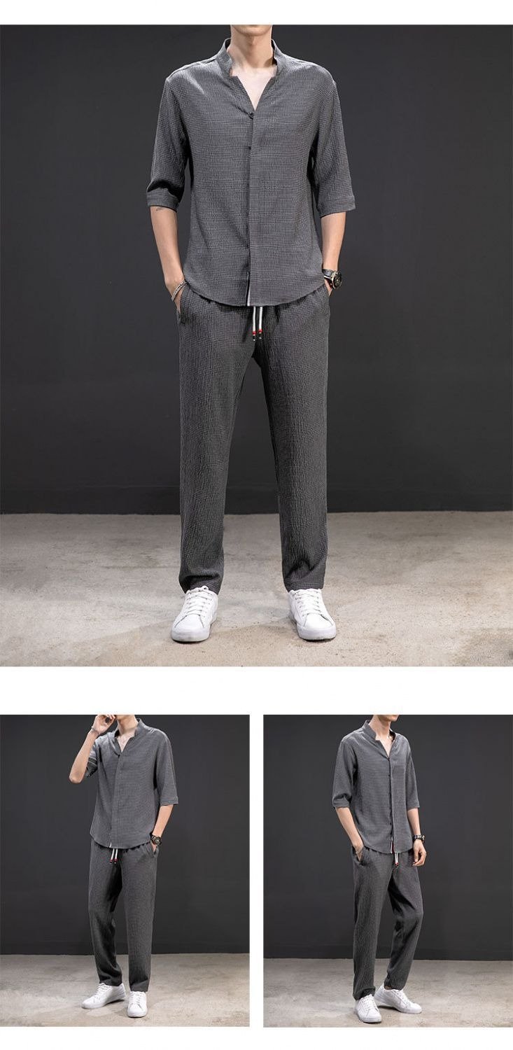 Men's cotton and linen short-sleeved T-shirt casual sports suit