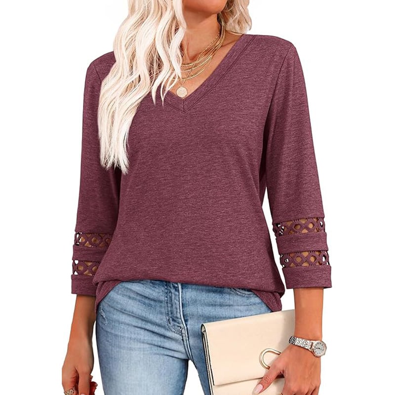 2025 New Womens 3/4 Length Sleeve Tops Trendy V Neck T Shirts
