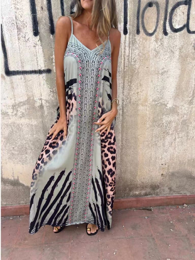 Long V-Neck Spaghetti Strap Printed Dress with Pockets