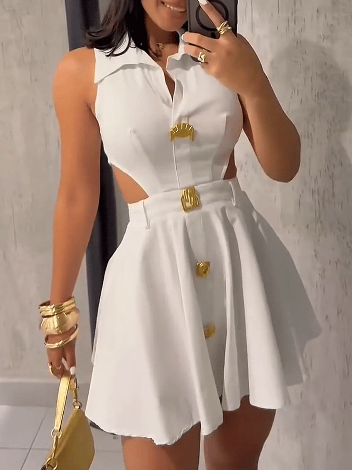 Ladies V-neck Metal Button Sleeveless Dress