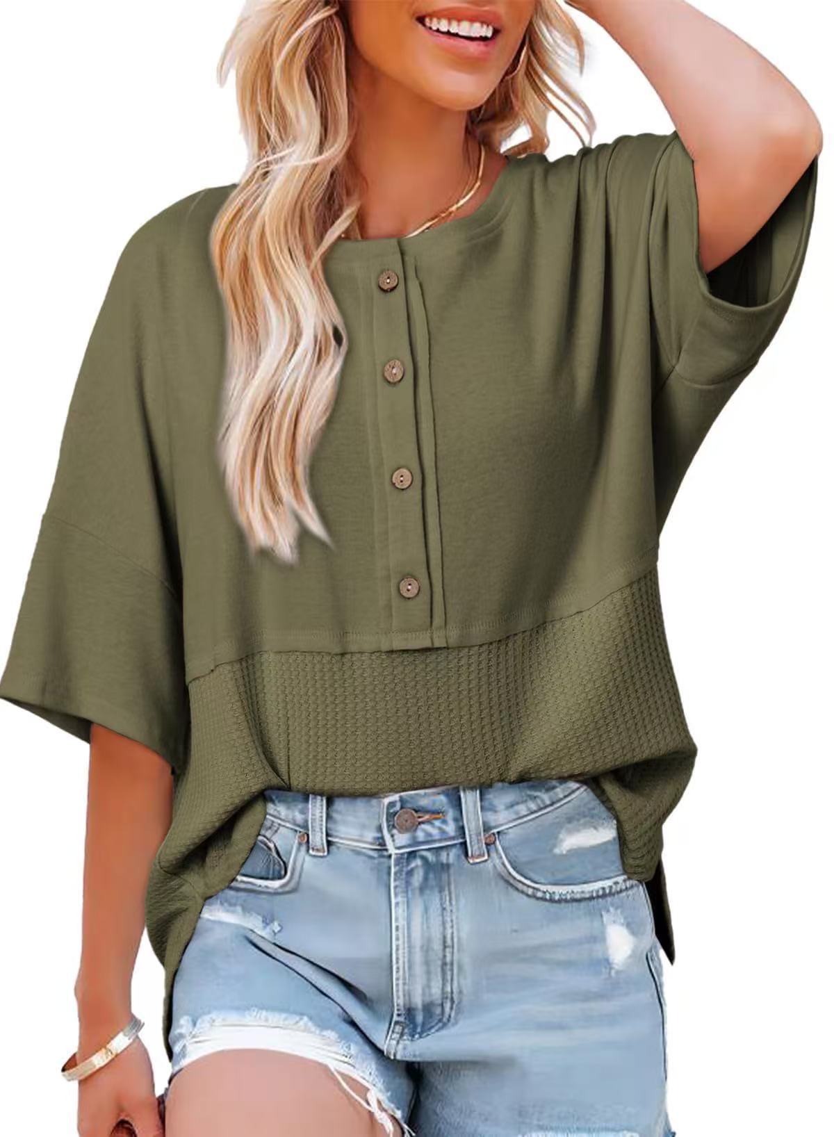 Casual Button Down Waffle Knit 3/4 Sleeves Top (Buy 3 Free Shipping)