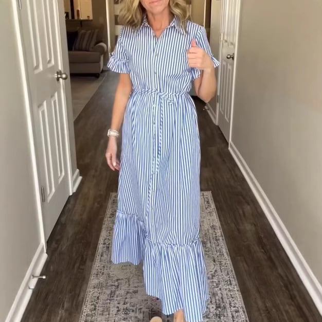 Blue and White Striped Shirt Collar Ruffled Sleeve Tie Dress